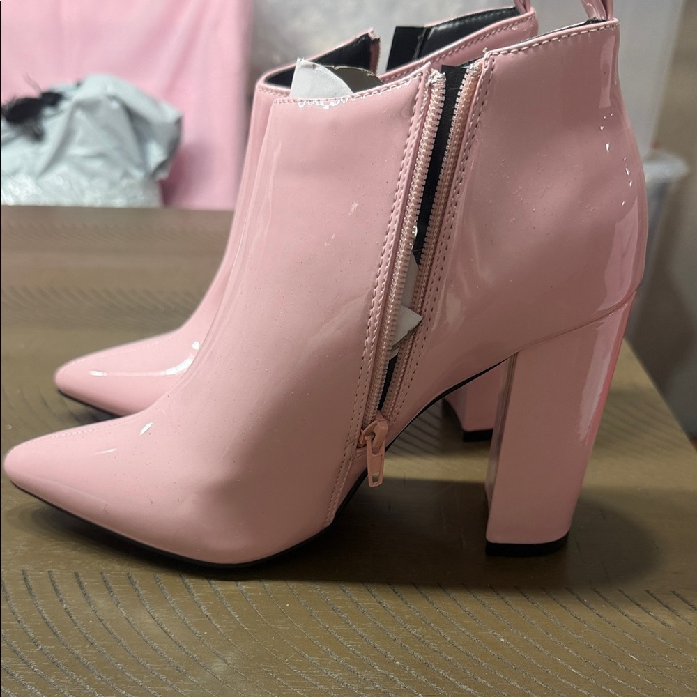 Qupid Glossy Pink Ankle Booties